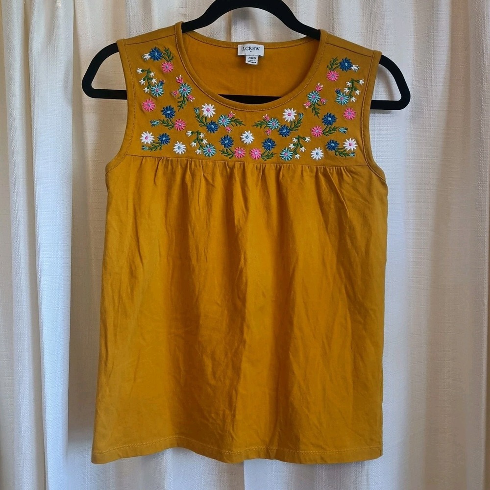 J. Crew Women's Yellow/Floral Embroidered 100% Cotton Tank Top Size XXS